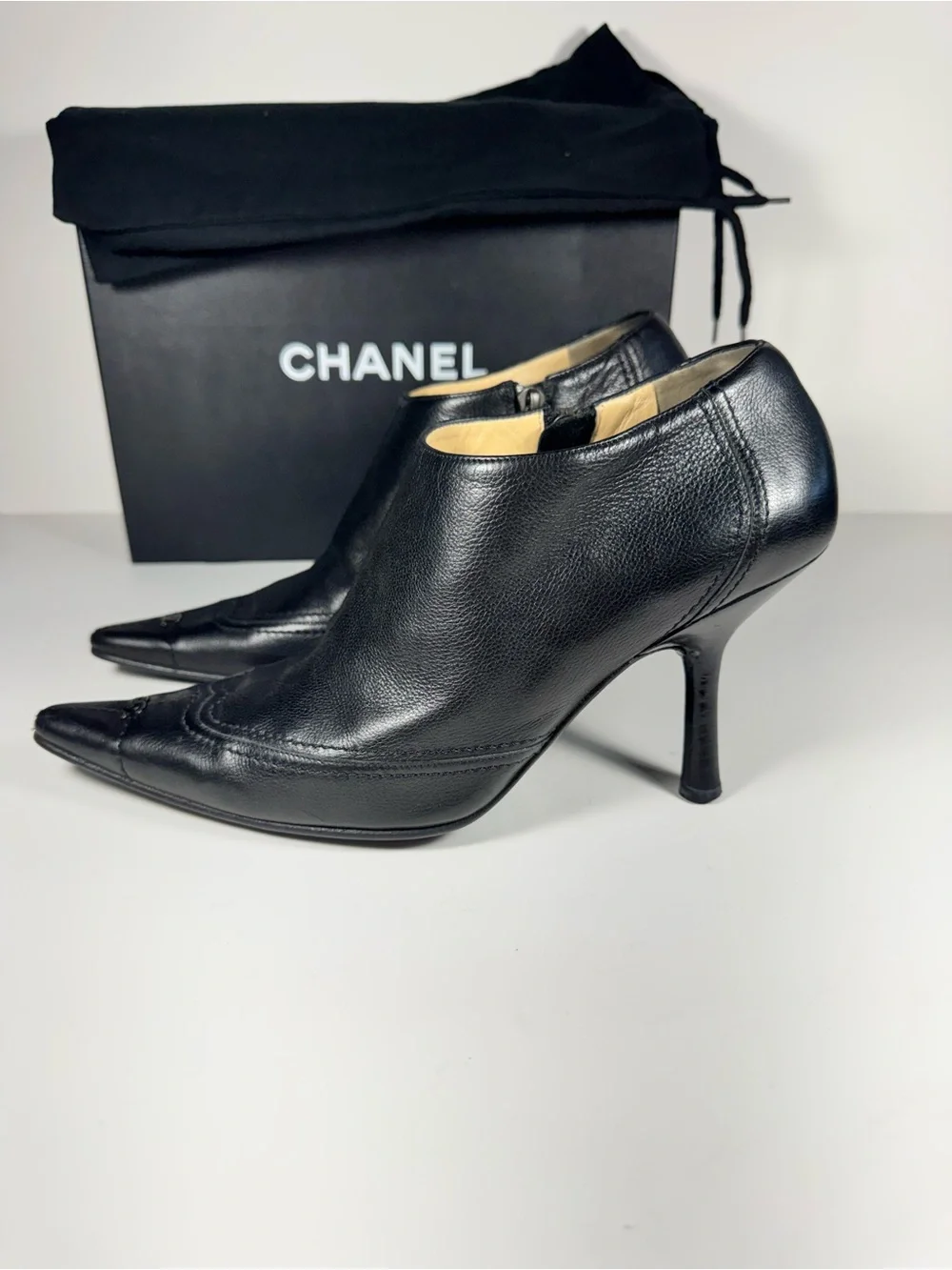 Vintage CHANEL Black Leather Western Kitten Ankle Heel Point Booties Women 9.5